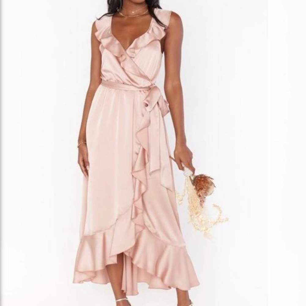 Show Me Your Mumu Samantha Ruffle Dress in Rose Gold Luxe Satin